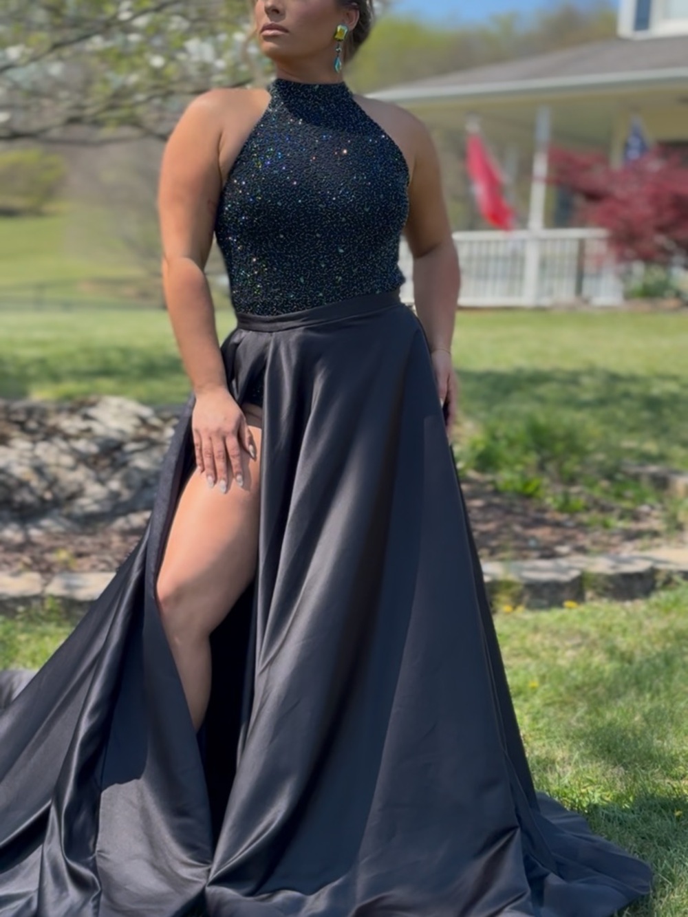Sparkling Black Halter Prom Dress with High Slit